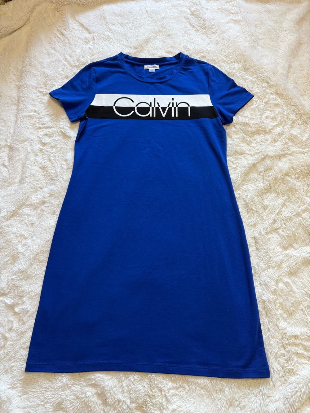 Calvin Klein Royal Blue Tee Midi Dress with White & Black Logo Stripe